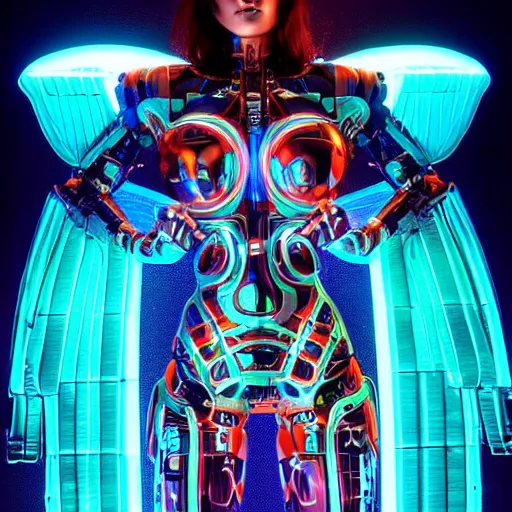 Prompt: Cyborg Woman, full-body shot of a woman with large mechanical wings, neon art style, futuristic art style, digital art, 8k quality, by Leo Avero and Eva Balloon, award-winning art