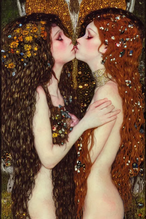 Image similar to portrait of two beautiful young gothic maidens kiss, dark fantasy, Warhammer, highly detailed, artstation, illustration, art by Gustav Klimt