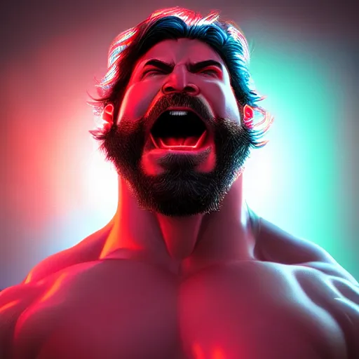 Prompt: wrestler, man, beard, big muscles, 8 0's, neon, screaming, celshaded, volumetric lighting, sharp focus, highly detailed, artstation, stanley lau and artgerm