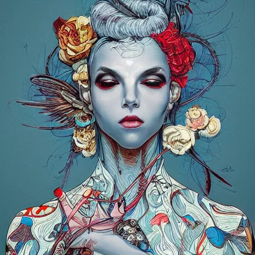 Prompt: a warrior of true beauty and grace. style of james jean.