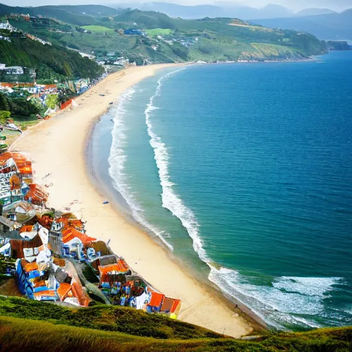 Image similar to down angled view of an seaside town, ocean, town, beach, hills