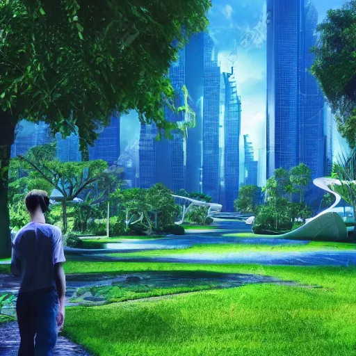 Image similar to a futuristic green utopian city, abundance, life, beauty, trees, movie still