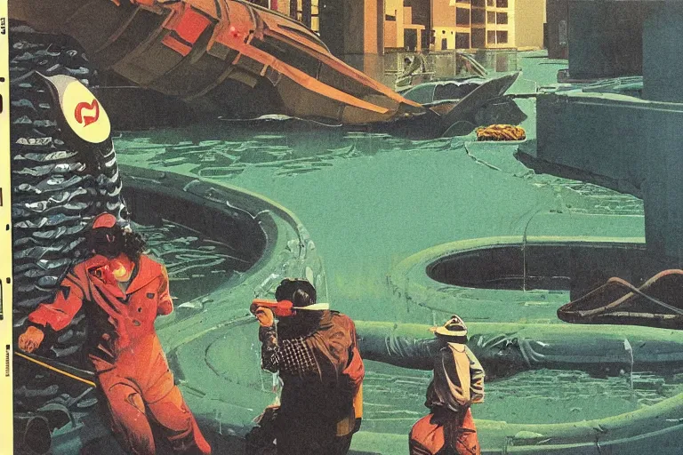 Prompt: 1 9 7 9 omni cover of a sewer pipe near spewing fish and trash near a massive seawall in tokyo. dramatic art in cyberpunk style by dali, and vincent di fate