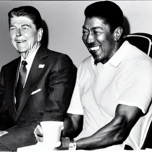 Image similar to [ ronald reagan sitting in chair next to tiger ]