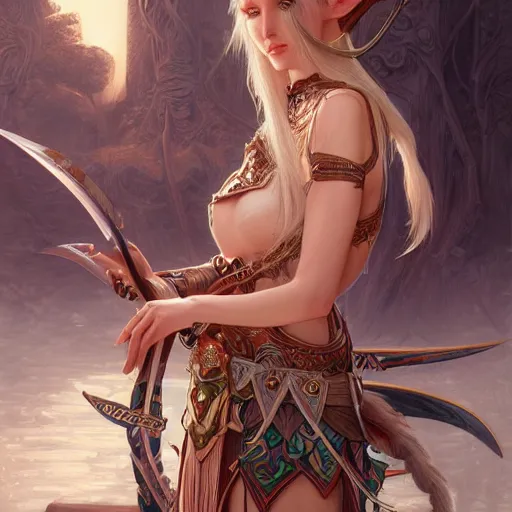 Image similar to a elf archer, cute, fantasy, intricate, elegant, highly detailed, centered, digital painting, artstation, concept art, smooth, sharp focus, illustration, art by artgerm and H R Giger and alphonse mucha