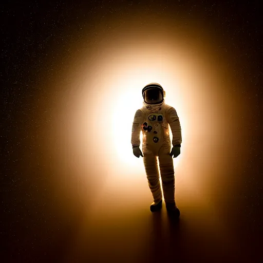 Image similar to photograph of an astronaut against the pitch black darkness of space, full body photo, lit from below, amazing light and shadow contrast,, 8 k