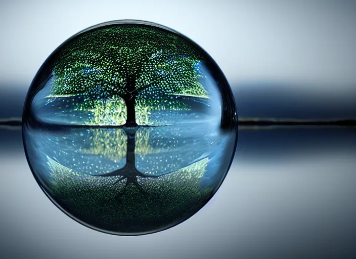 Image similar to glowing transparent crystal ball on a beautiful lake, radiant light, tree of life inside the ball, intricate details, reflections on the water, ripples, moody sky, hyperdetailed illustration by mark brooks, by yuumei, unreal engine 5, low light