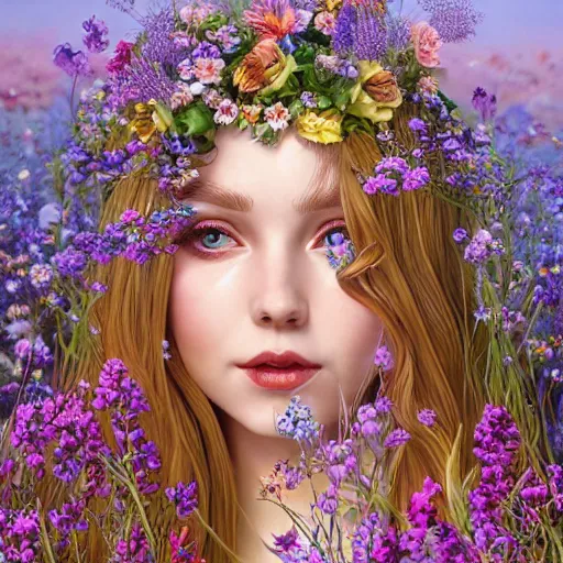 Image similar to A beautiful elf goddess with long blonde hair in a detailed floral dress, in front of a vivid field of flowers, by Larry Elmore, Tom Bagshaw, Viktoria Gavrilenko, Ilya Kuvshinov, Shin JeongHo, kiernan shipka