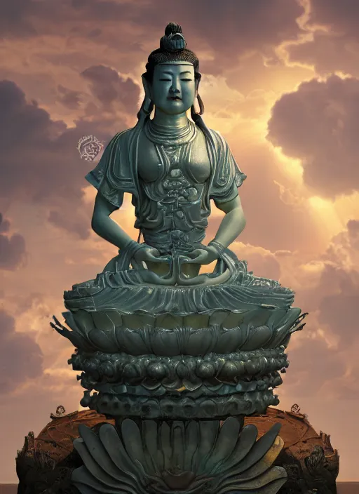 Image similar to guanyin stand on big loutus, a godness of the southern seas, a realistic setting with muted colors, visual novel cover, by yoshitaka amano, zeng fanzhi, jane hamilton, tiffany studios, sunrays shine uponit, frostbite 3 engine, cryengine, dof, trending on artstation, digital art, fantasy detailed background