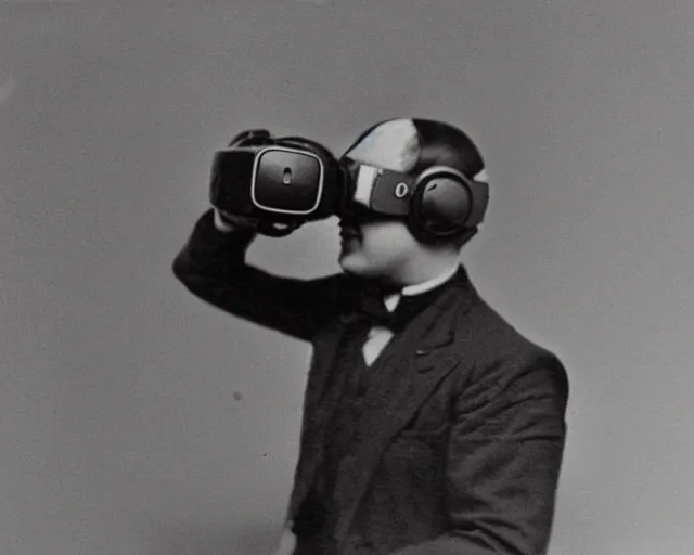 Image similar to 1 9 2 0 s photo of a person wearing a vr virtual reality headset