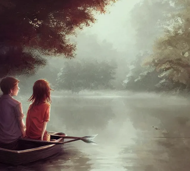 Prompt: a boy and a girl with long flowing auburn hair sitting together on the rowboat. Atmospheric lighting, long shot, romantic, boy and girl are the focus, trees, river. details, sharp focus, illustration, by Jordan Grimmer and greg rutkowski, Trending artstation, pixiv, digital art