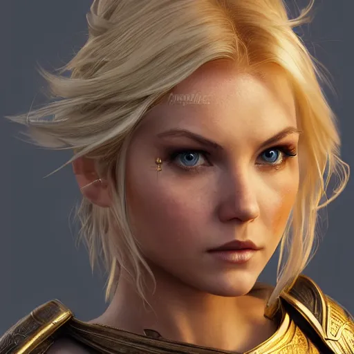 Image similar to front centered symmetrical RPG avatar portrait, Elisha Cuthbert as a paladin, blonde hair, ornate armour, dramatic lighting, cinematic, establishing shot, high detail, photo realistic, cinematic lighting, post processed, 8k, concept art, artstation, matte painting, in the style of eddie mendoza, raphael lacoste, alex ross