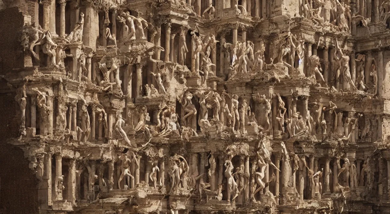 Prompt: 5 0 giant women body sculptures climbing a rare building at the kingdom of julius caesar, roman historic works, hyper - detailed, artstation trending, world renowned artists, historic artworks society, antique renewel, good contrast,, cgsociety, by greg rutkowski, by gustave dore, deviantart, 5 0 mm lens,