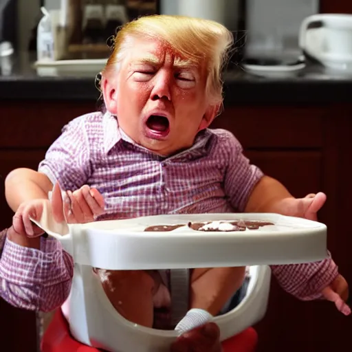 Prompt: crying donald trump in a highchair with chocolate pudding all over his face, gettyimages,