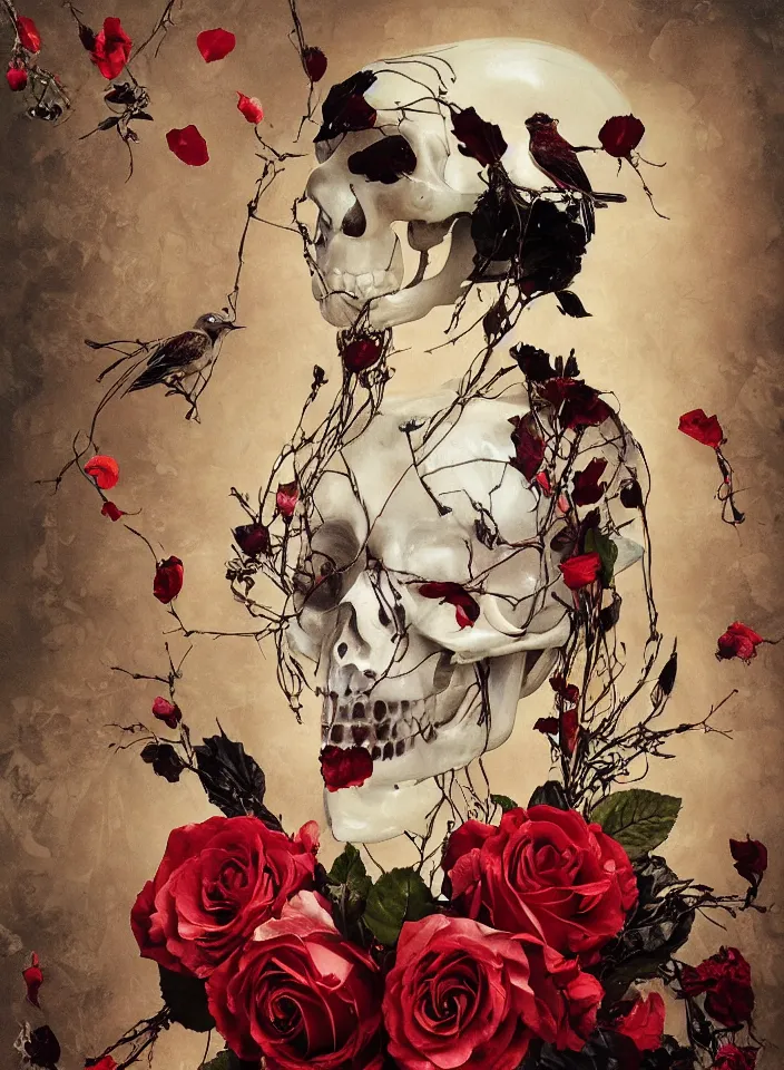 Prompt: transparent transparent transparent woman in a mask of a bird\'s skull with a wreath of roses, dressed in a dress dress dress of red boiling liquid wax wax wax, from under which the bones of the skeleton are visible, flying around the bird bird bird, buds and rose petals, dark background, painted by Caravaggio, Greg rutkowski, Sachin Teng, Thomas Kindkade, Alphonse Mucha, Norman Rockwell, Tom Bagshaw.