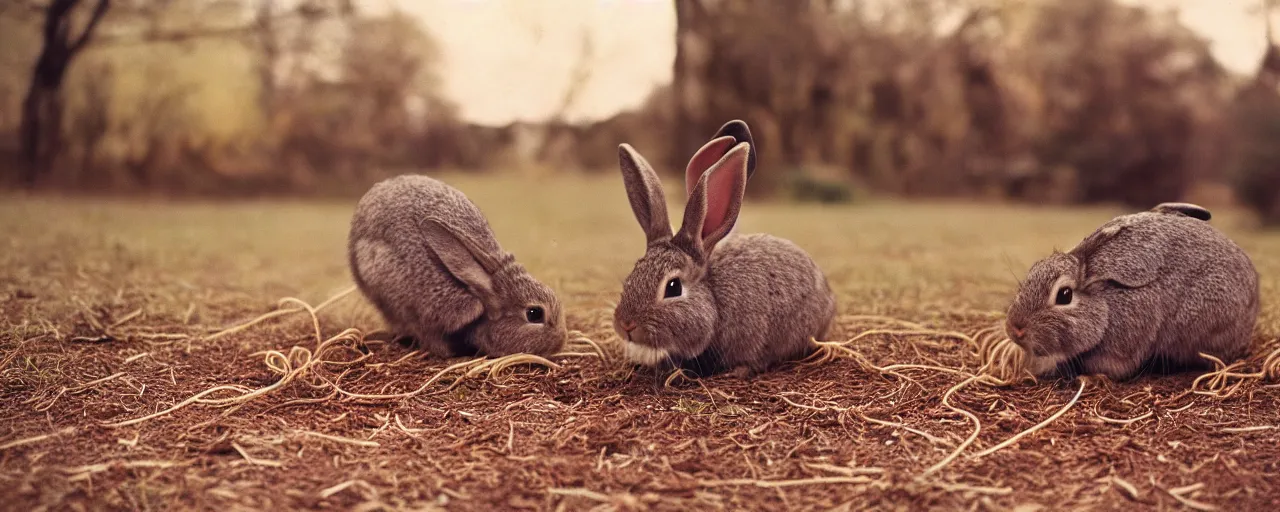 Image similar to rabbits eating spaghetti off the ground, in the style of national geographic, in the style of wes anderson, canon 5 0 mm, kodachrome, retro