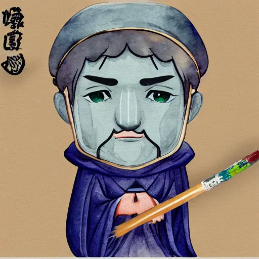 Prompt: water color painting of face detailing wizard in the style of matte painting nendoroid and chibi, eyes in the style of nendoroid, middle close up, Julian ope, flat shading, 2D illustration, Swiss modernizm, ukiyoe style, pixer, no shading, no gradient, no shadow