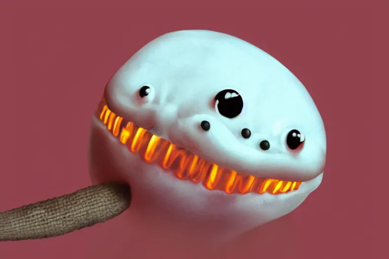 Image similar to a squishy white grub with big scary fangs and a lightbulb on its tail, high resolution film still, HDR color, 8k