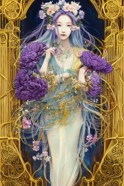 Image similar to breathtaking detailed painting by pilyeon and yuumei art, a full shot queen with long flowing bright blue hair, long dress and pastel flowers petals and golden tumultuous clouds, symmetrical facial features, at dawn in front of a pristine golden art nouveau cathedral, elegant, highly detailed, artstation, concept art, matte, sharp focus,