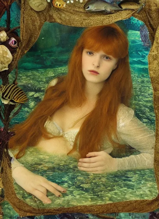 Prompt: under the sea on the seabed amongst the weeds, underwater shot, medium shot, on the bed of the river preraphaelite colour photography by rosetti, 8 k