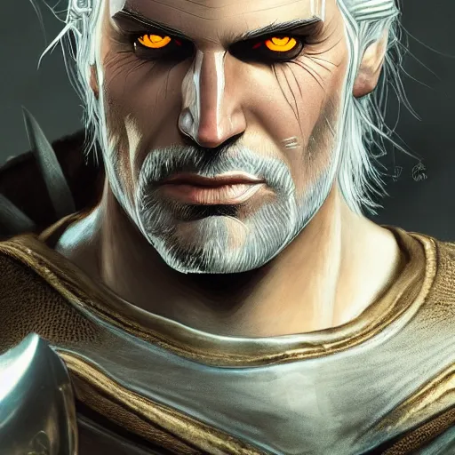 Image similar to Geralt of Rivia, golden eyes, silver hair, wolf pedant, 4k, artstation, cgsociety, award-winning, masterpiece, stunning, beautiful, glorious, powerful, fantasy art