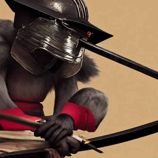 Image similar to Sumi-e painting of a monkey, wearing traditional samurai armor, helmet and mempo, welding a katana, octane render, hyper realistic, full body shot, rendered in 8K resolution, black ink painting