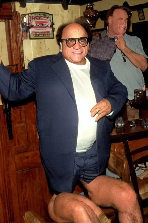 Image similar to danny devito with a buff arnold schwarzenegger body flexing in paddy's pub