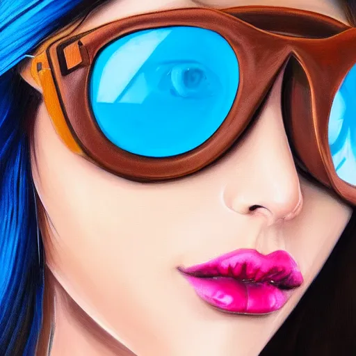 Image similar to closeup painting of a very beautiful young mexican cyberpunk woman with a smirk, wearing light blue shutter shades and a dark brown leather jacket, one side haircut, long brown hair with light blue ends, portrait, hyperdetailed, artstation, cgsociety, 8 k, synthwave by tangerine dream