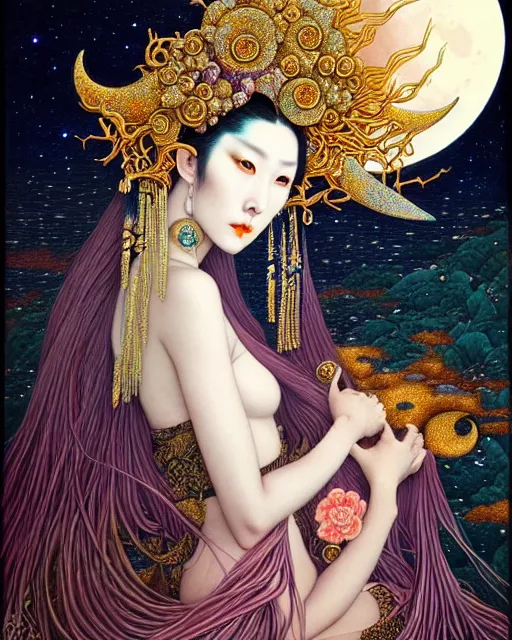 Prompt: portrait of a beautiful moon goddess, unusual beauty, esoteric, other worldly colors, head in focus, fantasy art, ornamental aesthetics, intricate, elegant, highly detailed, hyperrealistic painting, artstation, concept art, painterly, sharp focus, illustration, art by chie yoshii