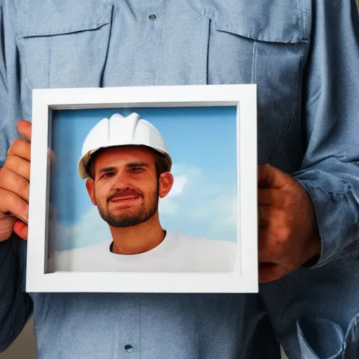 Image similar to an potrait of man with construction hat holding a package, the picture inside a photo frame, oil painting, 4K