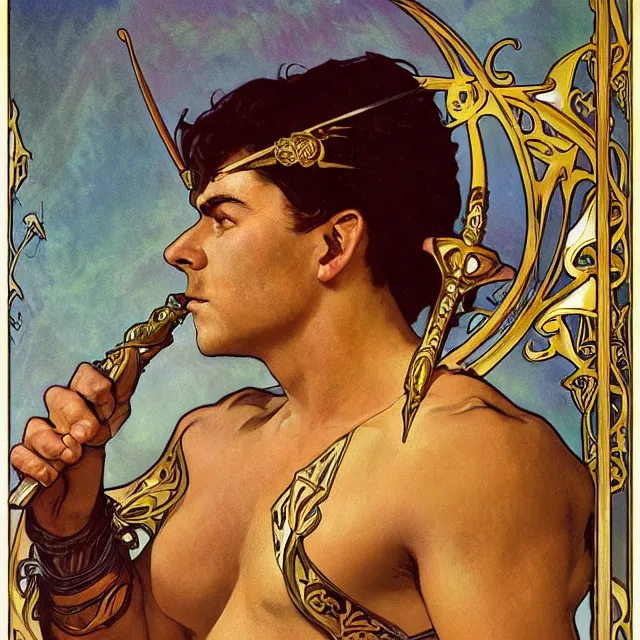 Image similar to an aesthetic! a detailed portrait of a man with a crown, holding a scepter by frank frazetta and alphonse mucha, oil on canvas, art nouveau dungeons and dragons fantasy art, hd, god - rays, ray - tracing, crisp contour - lines, huhd