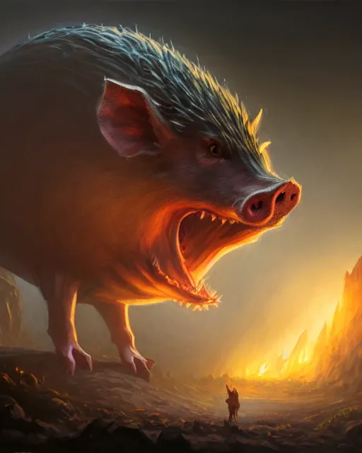 Image similar to Giant Hog scared of mouse, medium shot, fear, D&D, artstation, fantasy, magic the gathering artwork, cinematic lighting, centered, symmetrical, highly detailed, digital painting, , concept art, smooth, sharp focus, illustration, volumetric lighting, epic Composition, 8k, art by Akihiko Yoshida and Greg Rutkowski and Craig Mullins, oil painting, cgsociety