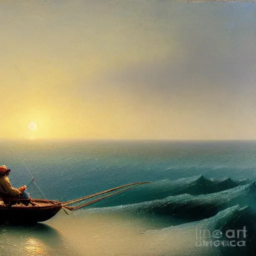 Image similar to detailed painting of a man fishing on a small boat in the ocean by Ivan Aivazovsky, 4k details