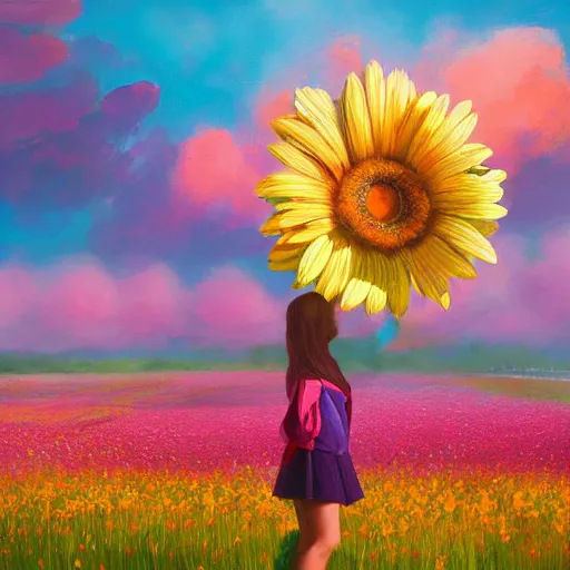 Prompt: giant daisy flower as head, frontal, girl standing in a flower field, surreal photography, sunrise, dramatic light, impressionist painting, colorful clouds, digital painting, artstation, simon stalenhag