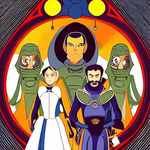 Image similar to family portrait of duke leto atreides, lady jessica and paul atreides, dune, futuristic palace, aristocratic, space opera, in the style of yamato - e, tosa school, tosa mitsuoki, iwasa matabei, awataguchi takamitsu.