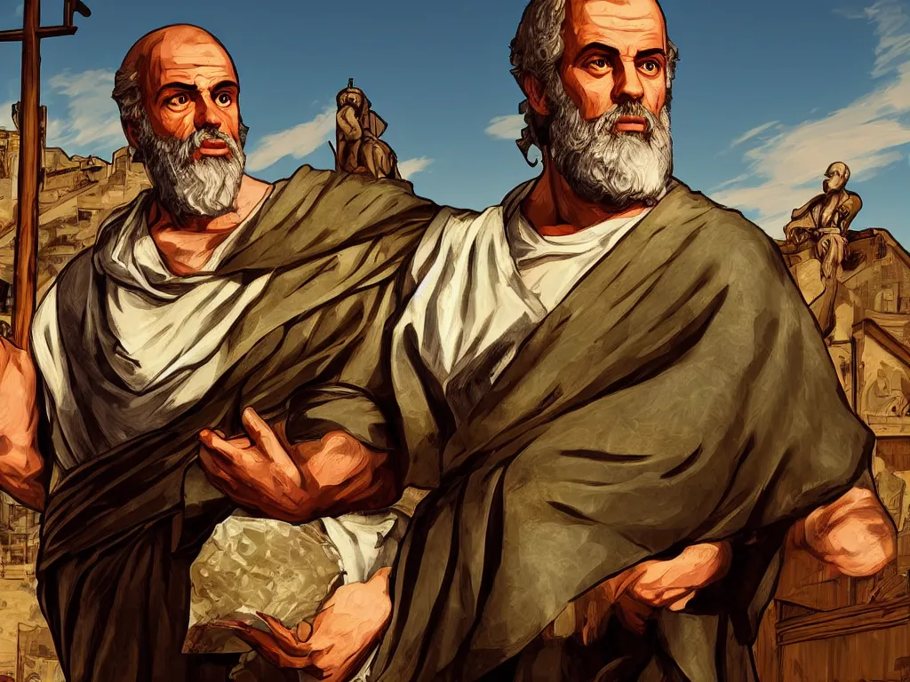 Prompt: saint paul the apostle digital art as the loading screen of GTA V, grand theft auto, golden hour lighting, graphic art,