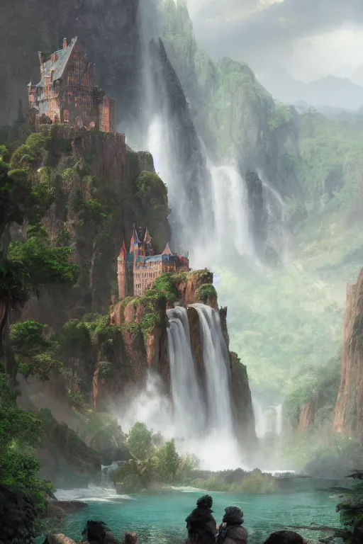 Image similar to a beautiful digital painting of a castle carried by gigantic human statues, huge waterfalls, lovely valley by James Gurney, by Greg Rutkowski, concept art, octane render, trending on artstation, 8k