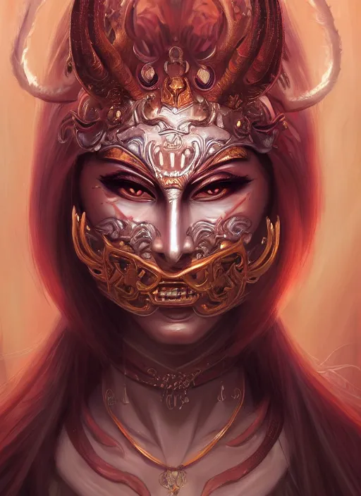 Image similar to a beautiful detailed oil on copper art illustration of a japanese namanari mask devil woman, centered, by charlie bowater, zeng fanzh, trending on artstation, dim dusk lighting, cinematic lighting, detailed lighting, volumetric lighting, realistic, f 8, 4 k hd wallpaper