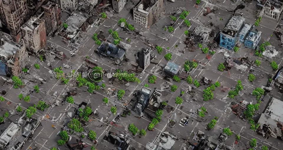 Prompt: aerial view of dilapidated zombie - apocalypse new york city in real life, desolate with zombies, dilapidated, zombies in the streets, nightmarish, some rusted style parked vehicles, sunny weather, few clouds, volumetric lighting, photorealistic, daytime, autumn, sharp focus, ultra detailed, cgsociety