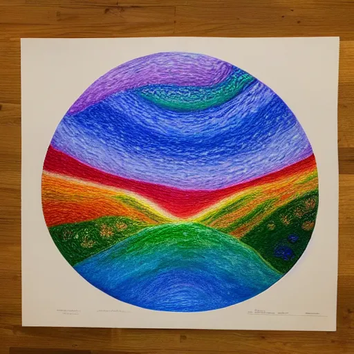 Prompt: Intricate five star rainbow landscape by Anna Kullberg, Colored pencil on paper, high detail, skin texture, photo realistic, hyperrealism,matte finish, high contrast, 3d depth, masterpiece, vivid colors, artstationhd