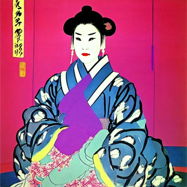 Prompt: a beautiful painting cyberpunk the empress of the qing dynasty of china, by andy warhol henri matisse art deco lumion render realistic oil painting