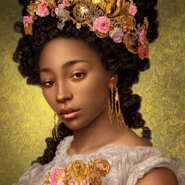 Prompt: highly detailed venetian rococo portrait of a black princess wearing a crown, golden jewels, pastel flowery background, volumetric lighting, flowers, fantasy, realistic, symmetrical face, digital illustration, art by krenz cushart, alphonse mucha, kehinde wiley, artem demura