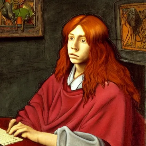 Prompt: a red-haired long-haired teenage boy sitting at a computer, lions around him, painting by Donatello