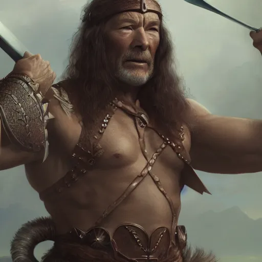 Image similar to a highly detailed matte portrait of patrick stewart as conan the barbarian, art by john collier and albert aublet and krenz cushart and artem demura and alphonse mucha, volumetric lighting, octane render, 4 k resolution, trending on artstation, masterpiece