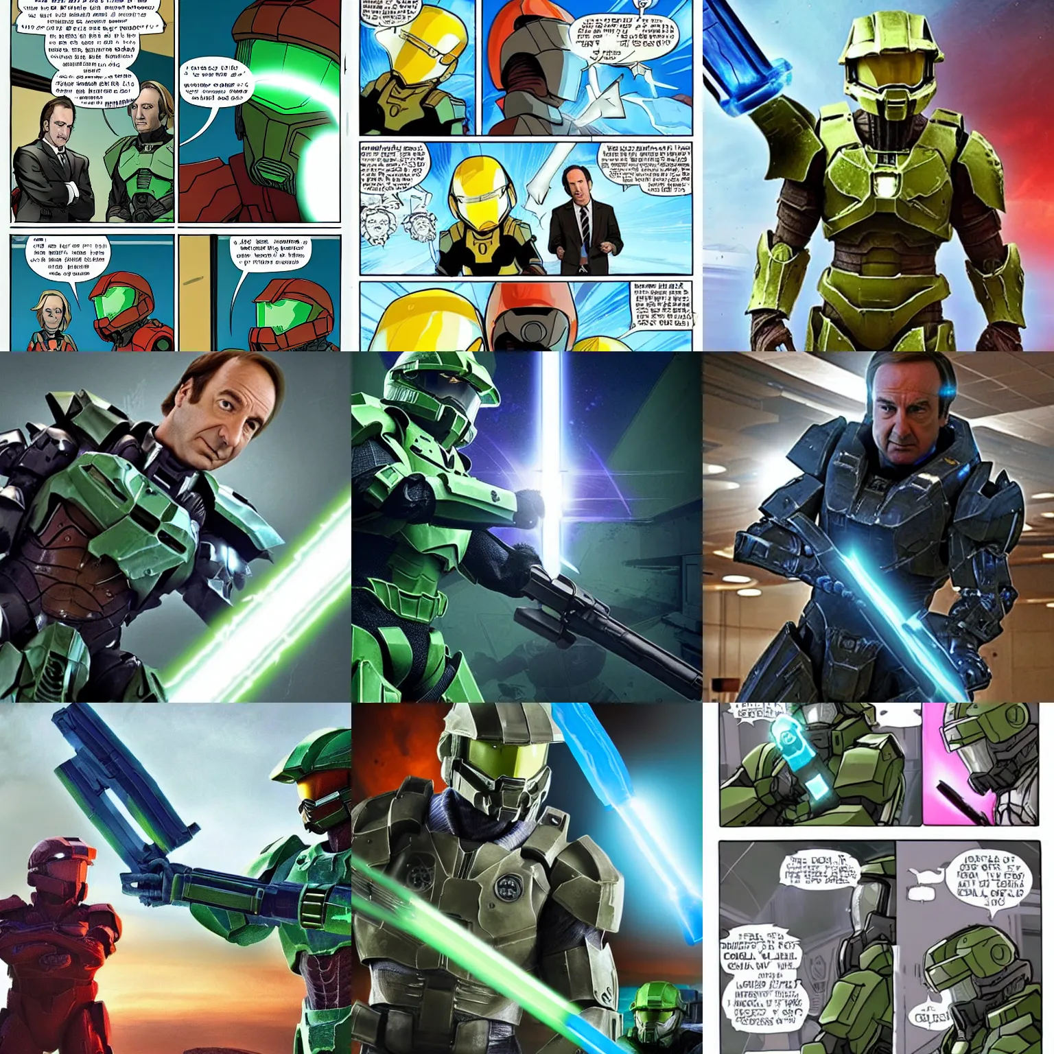 Prompt: saul goodman trying to hit Master Chief in the head but master chief has a energy sword stuck into his abdomen