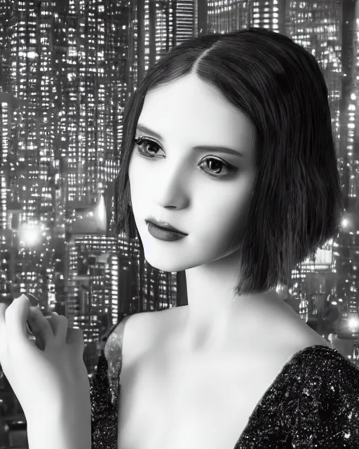 Image similar to black and white dreamy young beautiful female artificial intelligence, metropolis, cinematic, rim light, bokeh, photo - realistic, elegant, high detail, 8 k, masterpiece, photo taken in 1 9 3 0