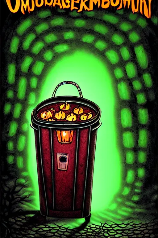 Image similar to a photorealistic vintage goosebumps cover art style illustration of a transparent jelly monster coming out of a garbage can in a dark alley way at night with moonlight casting shadows october autumn.