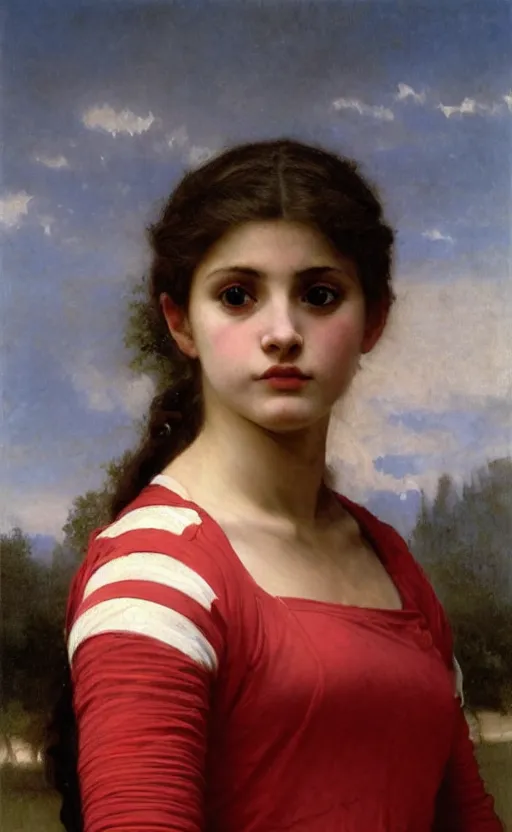 Image similar to portrait of athletic livid girl, red and white peplos , hd, realistic, bouguereau