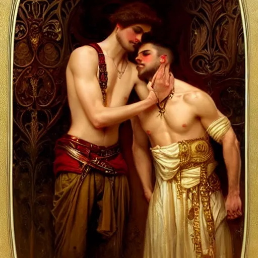 Image similar to attractive fully clothed king confesses his love for his attractive fully clothed male prince. highly detailed painting by gaston bussiere, tom bagshaw, j. c. leyendecker