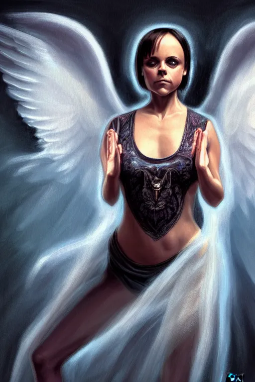 Image similar to Full body potrait of Christina Ricci as an angel doing yoga , angel is split in two with smoke, fantasy, intricate, elegant, highly detailed, digital painting, artstation, concept art, smooth, sharp focus, illustration, art by Ilja Repin